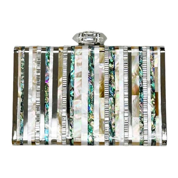 RARE JUDITH LEIBER ‘Shell’ Glass Crystal Abalone Shell Stripe Clutch Bag - Picture 5 of 10